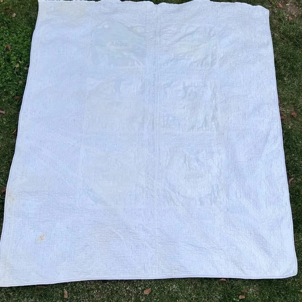 VTG Embroidered Lily Pad Floral Hand Stitched Quilt Lavender White Unique FLAWS